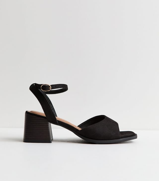 New Look Women's Black Faux Suede Curved Front Block Heel Sandals Vegan New Look - 2
