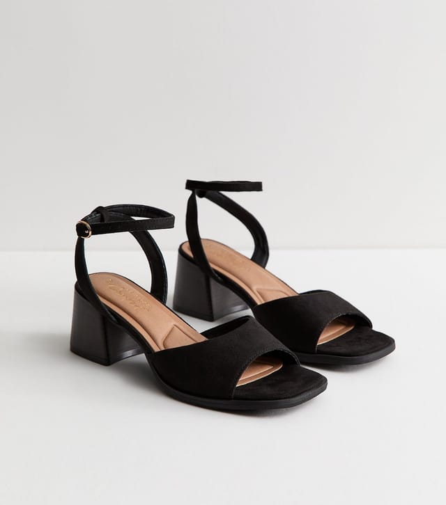 New Look Women's Black Faux Suede Curved Front Block Heel Sandals Vegan New Look - 3