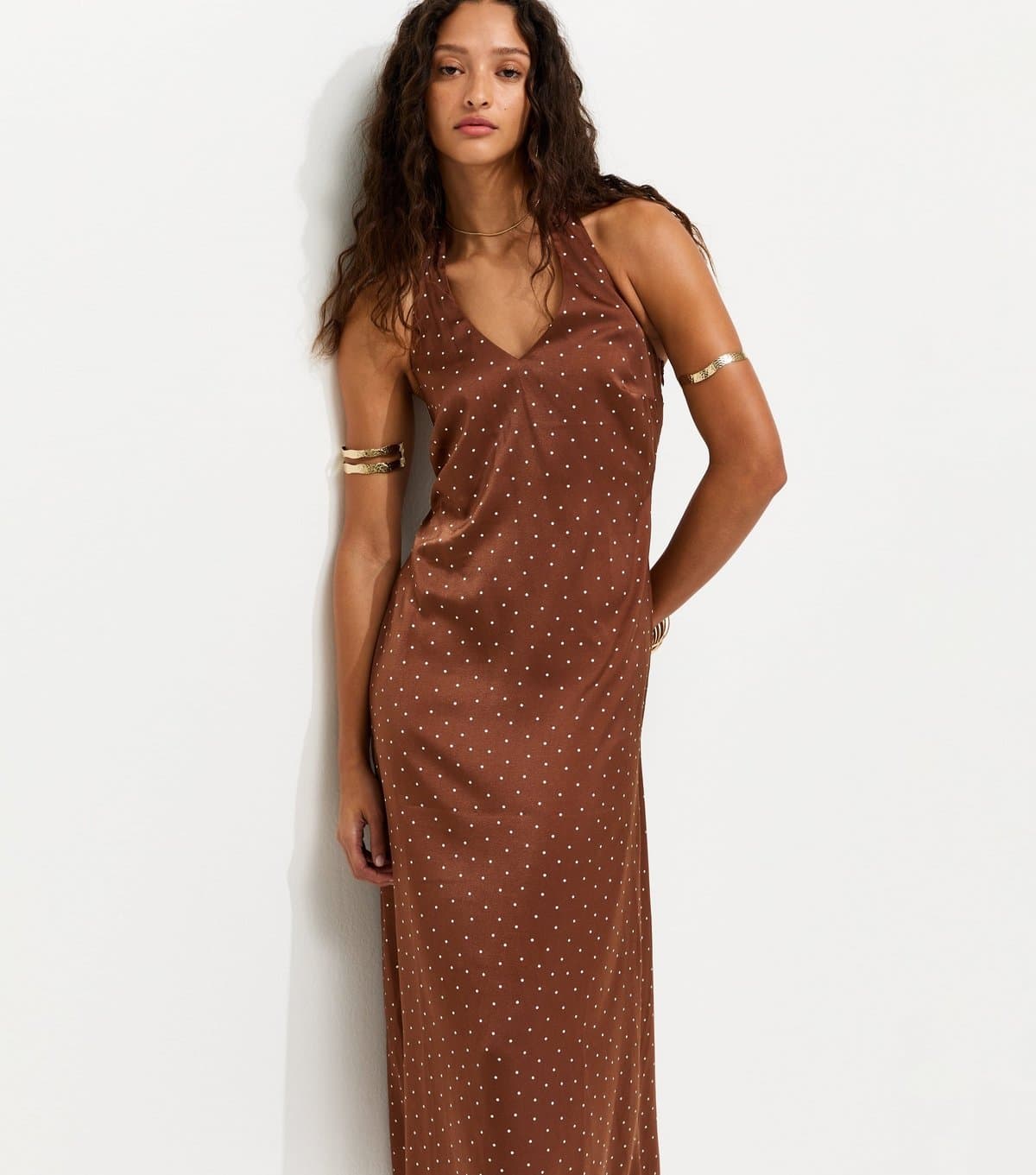 New Look Women's Brown Spot Print Cowl Neck Halter Satin Midi Dress New Look