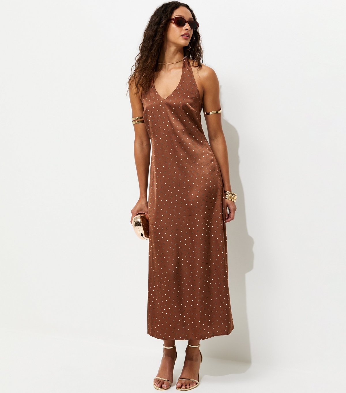 New Look Women's Brown Spot Print Cowl Neck Halter Satin Midi Dress New Look - 3