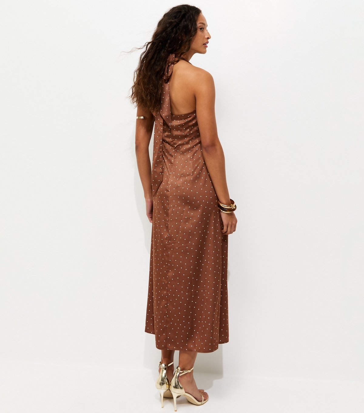 New Look Women's Brown Spot Print Cowl Neck Halter Satin Midi Dress New Look - 4