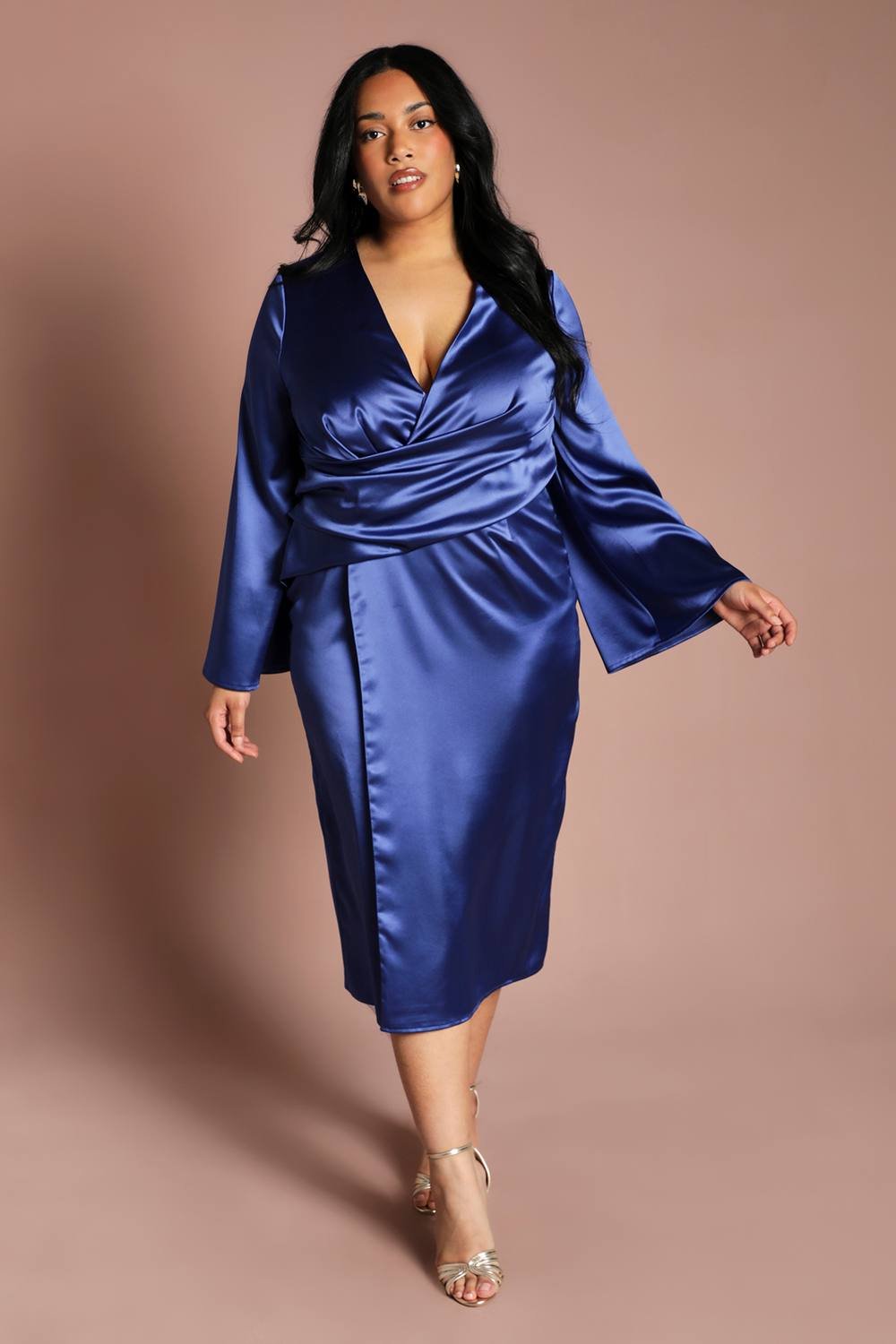 Coast Coast Women's Plus Satin Wrap Front Dress With Flare Sleeve in Cobalt - 1