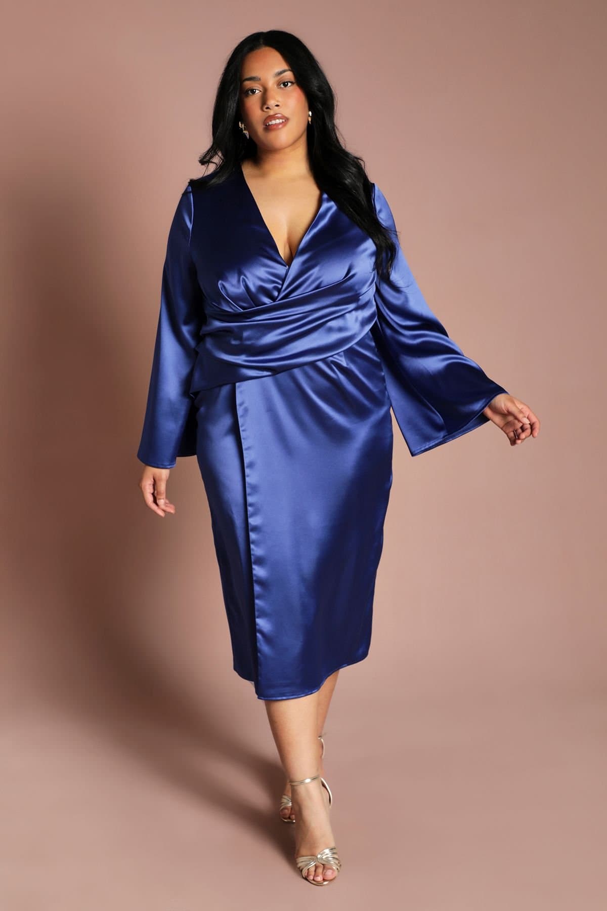 Coast Coast Women's Plus Satin Wrap Front Dress With Flare Sleeve in Cobalt