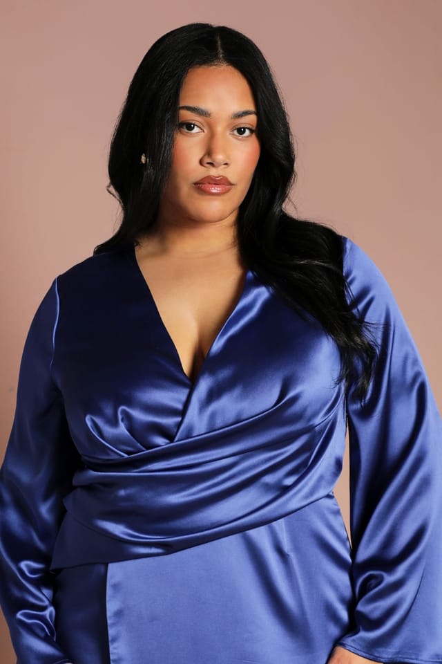 Coast Coast Women's Plus Satin Wrap Front Dress With Flare Sleeve in Cobalt - 2