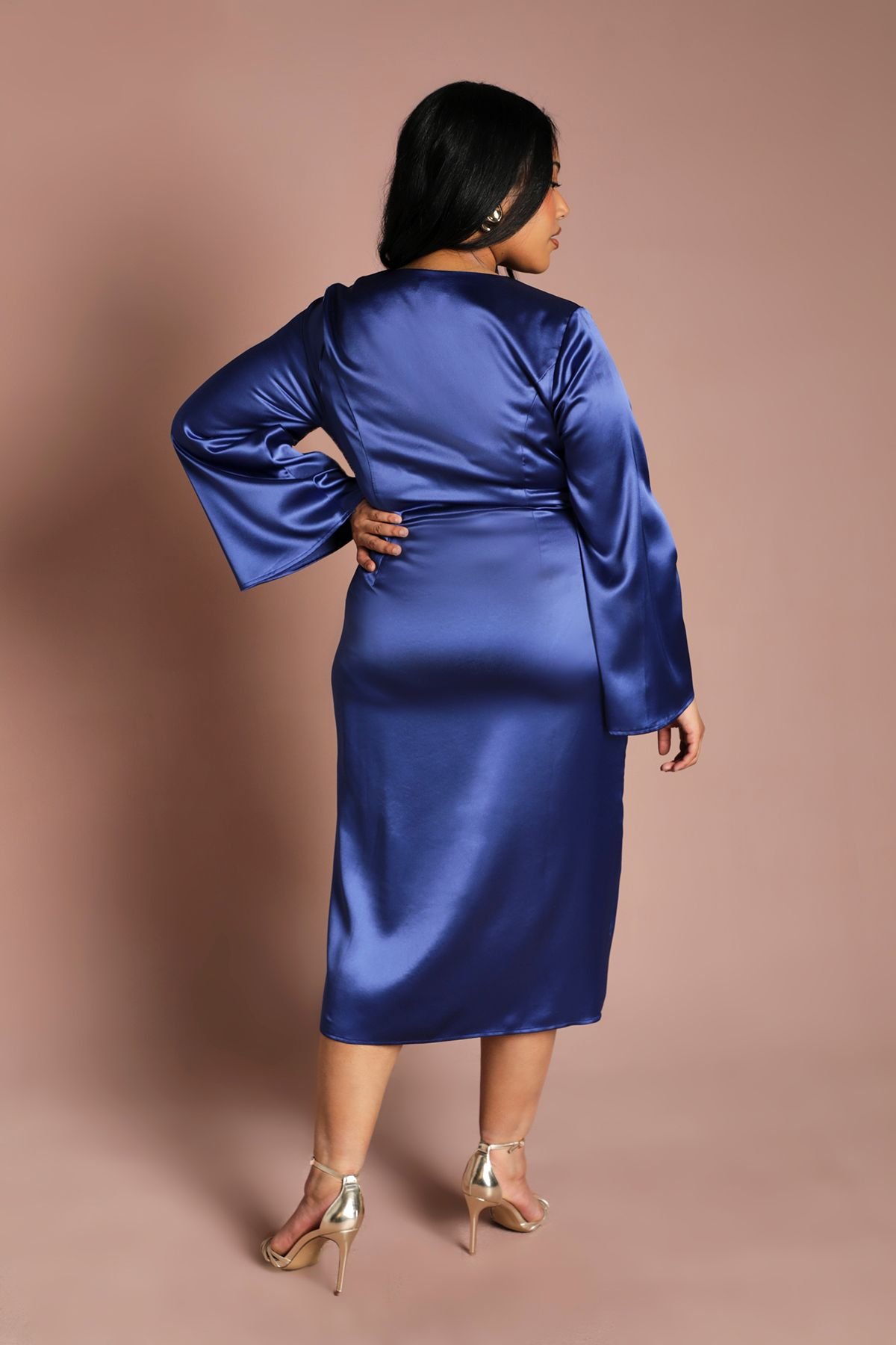 Coast Coast Women's Plus Satin Wrap Front Dress With Flare Sleeve in Cobalt - 3