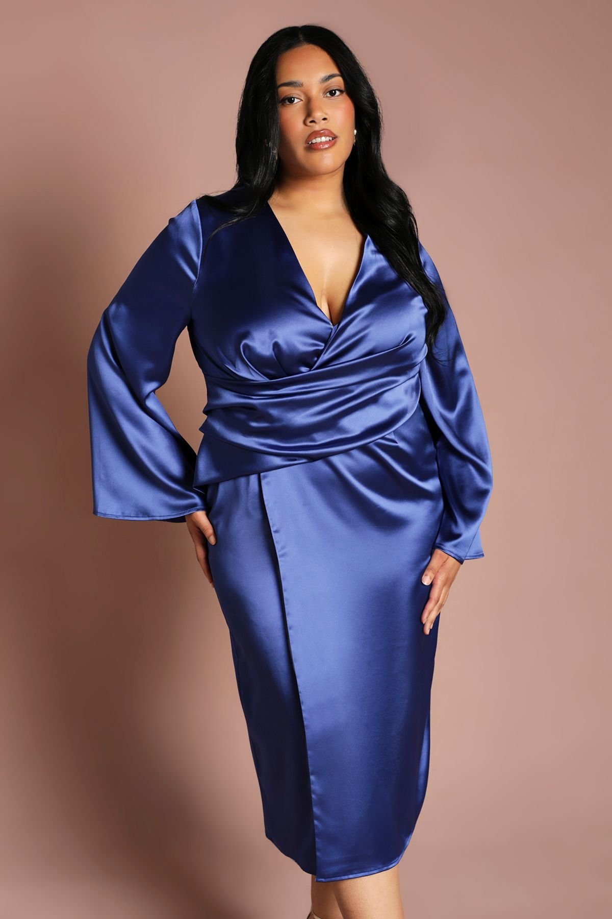 Coast Coast Women's Plus Satin Wrap Front Dress With Flare Sleeve in Cobalt - 4