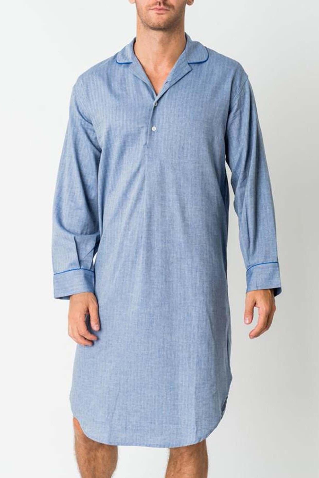 British Boxers British Boxers Men's "Garrison Blue" Herringbone Cotton Twill Nightshirt in Blue