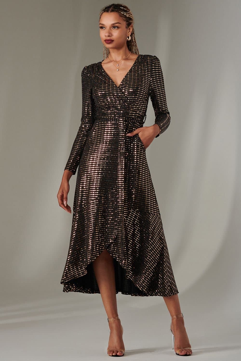 Jolie Moi Jolie Moi Women's Long Sleeve Metallic Spot Maxi Dress in Rose Gold