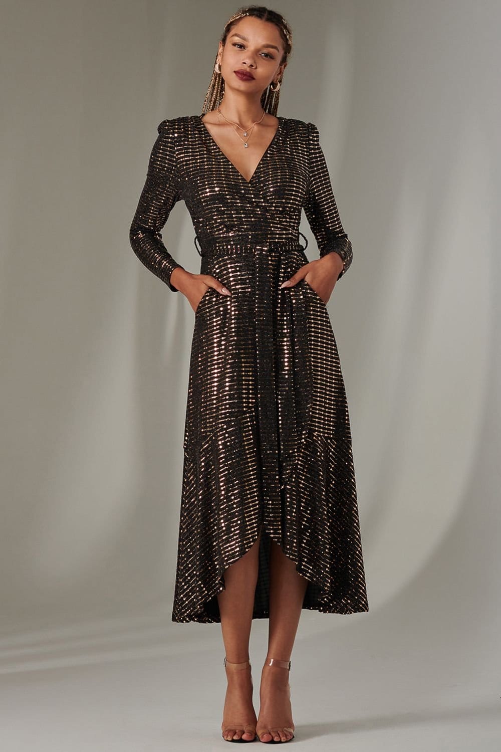 Jolie Moi Jolie Moi Women's Long Sleeve Metallic Spot Maxi Dress in Rose Gold - 4