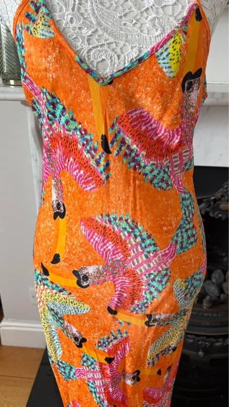 Never Fully Dressed Never Fully Dressed slip dress with an orange toucan print in a silky satin #holiday#ibiza#occasion
