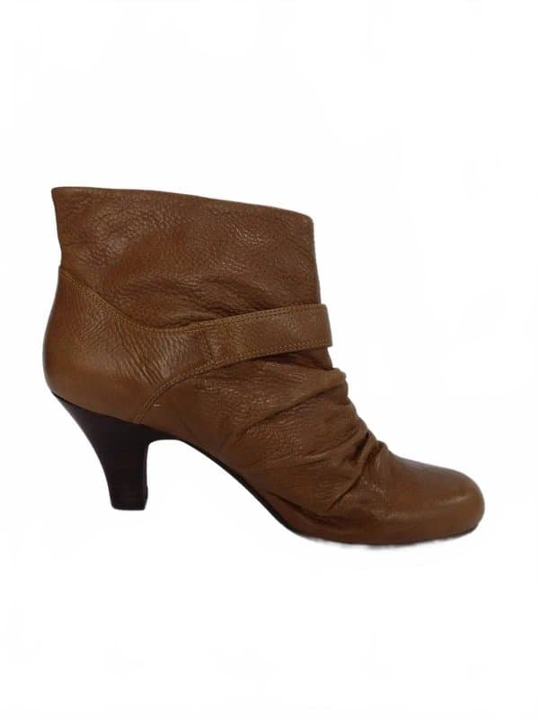 Faith Faith Boots Brown Ankle UK 8 Womens Tan Leather Block Heel Pull On Ruched Smart