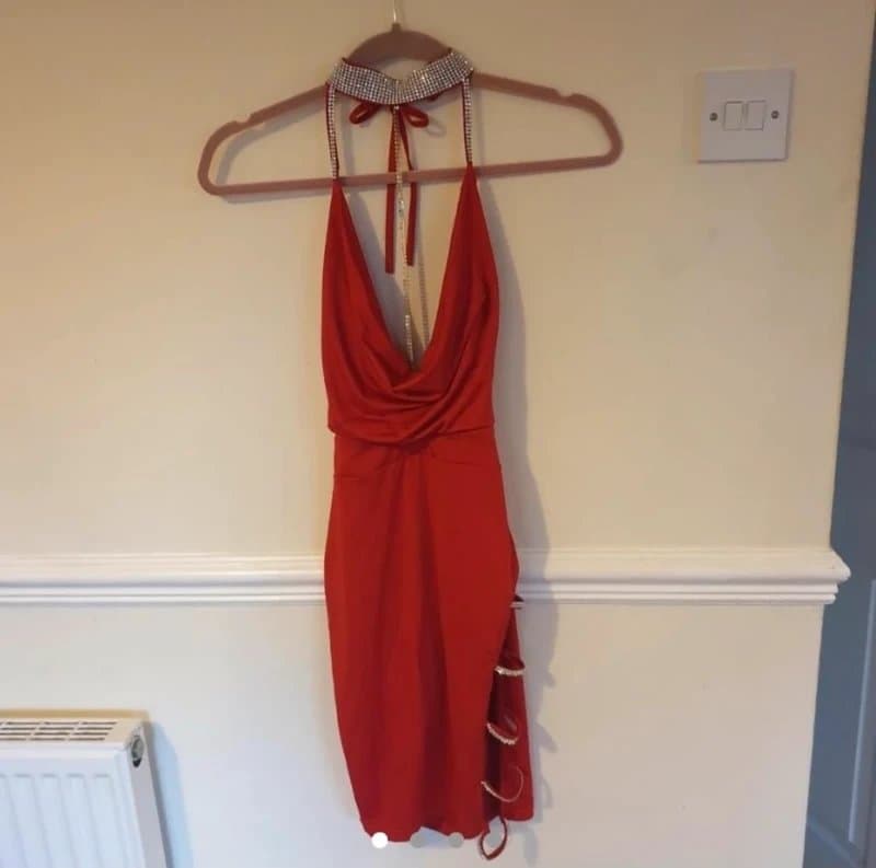 Vintage Dressing Red Y2K Cowl Neck Halter Dress Rhinestone Choker Side Cut-Out