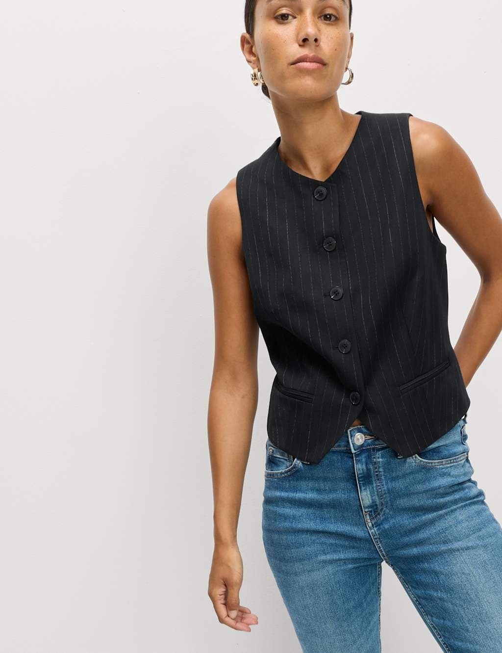 Marks & Spencer M&S Striped Collarless Waistcoat Navy Mix