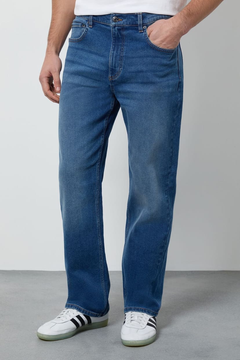 Burton Burton Men's Mid Wash Stretch Regular Straight Fit Jeans in Mid Blue - 1