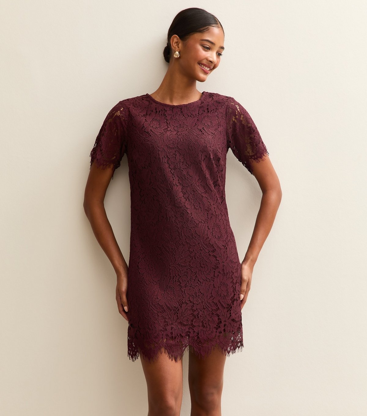 New Look Women's Dark Burgundy Lace T Shirt Mini Dress New Look - 3