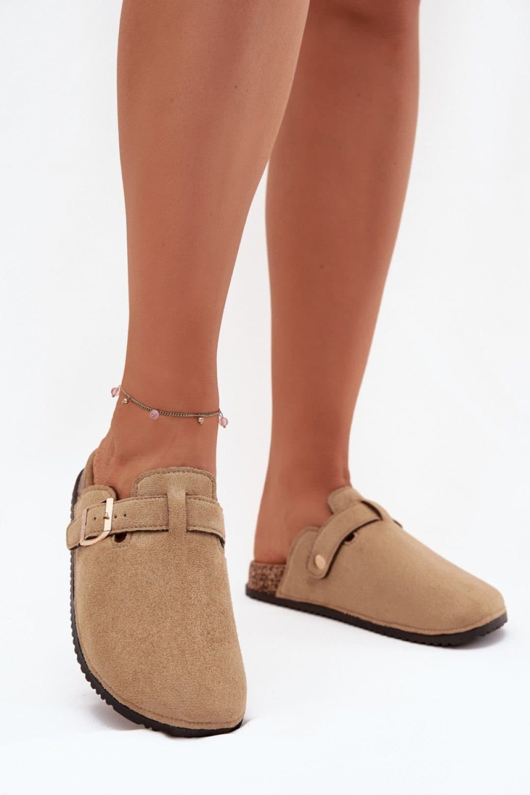 Love Lace Love Lace Women's Cork Sole Suede Toe Strap Sandals with Adjustable Buckle in Beige