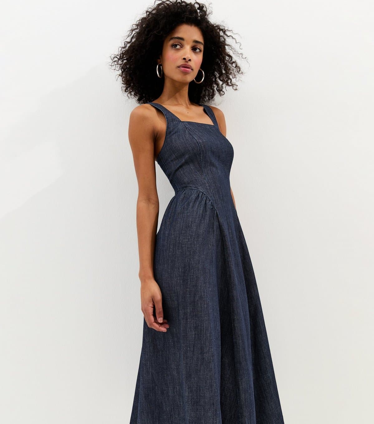 New Look Women's Navy Denim Square Neck Midi Dress New Look