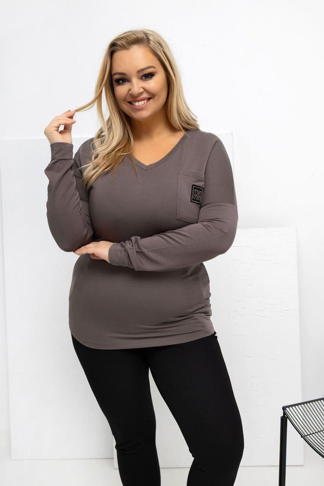 Love Lace Love Lace Brown Plus Size Micro Modal V-Neck Pocket Blouse