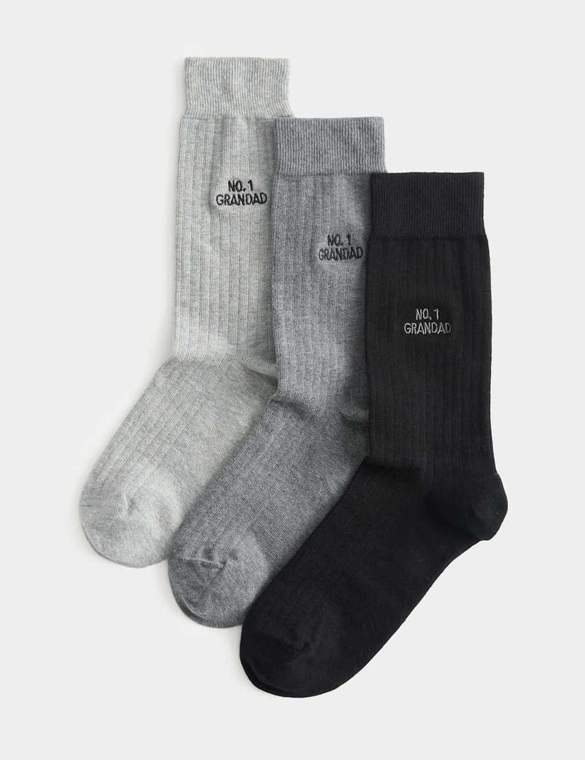 Marks & Spencer M&S 3 Pack Cotton Rich No.1 Grandad Socks Grey Mix - 1