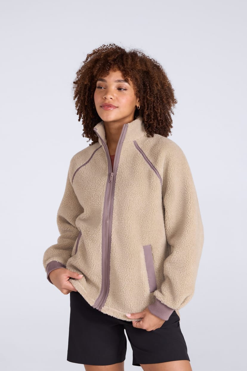 Animal Animal Women's 'Bonnie' Soft Borg Contrast Trim Warm Casual Full Zip Fleece Jacket in Medium Beige - 1