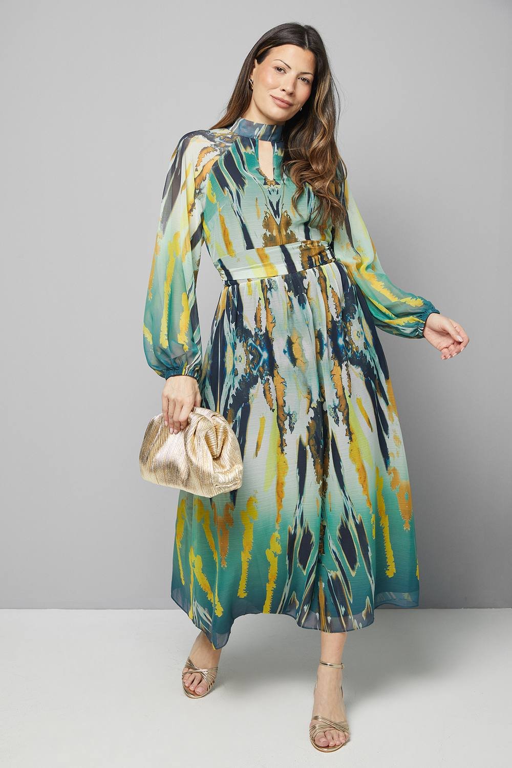 Wallis Wallis Women's Abstract Tie Neck Midi Dress in Green - 2