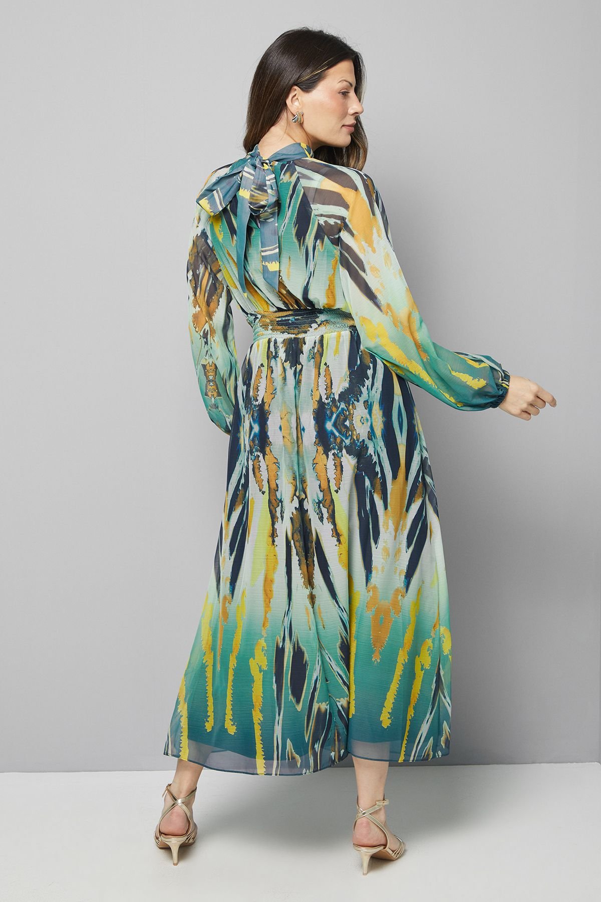 Wallis Wallis Women's Abstract Tie Neck Midi Dress in Green - 3