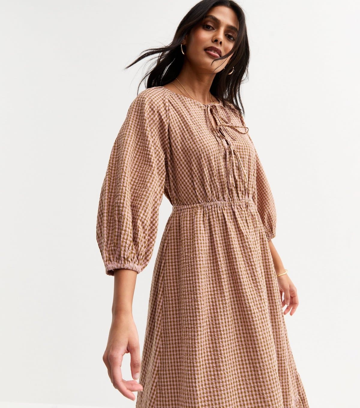 New Look Women's Khaki Checked Midi Smock Dress New Look