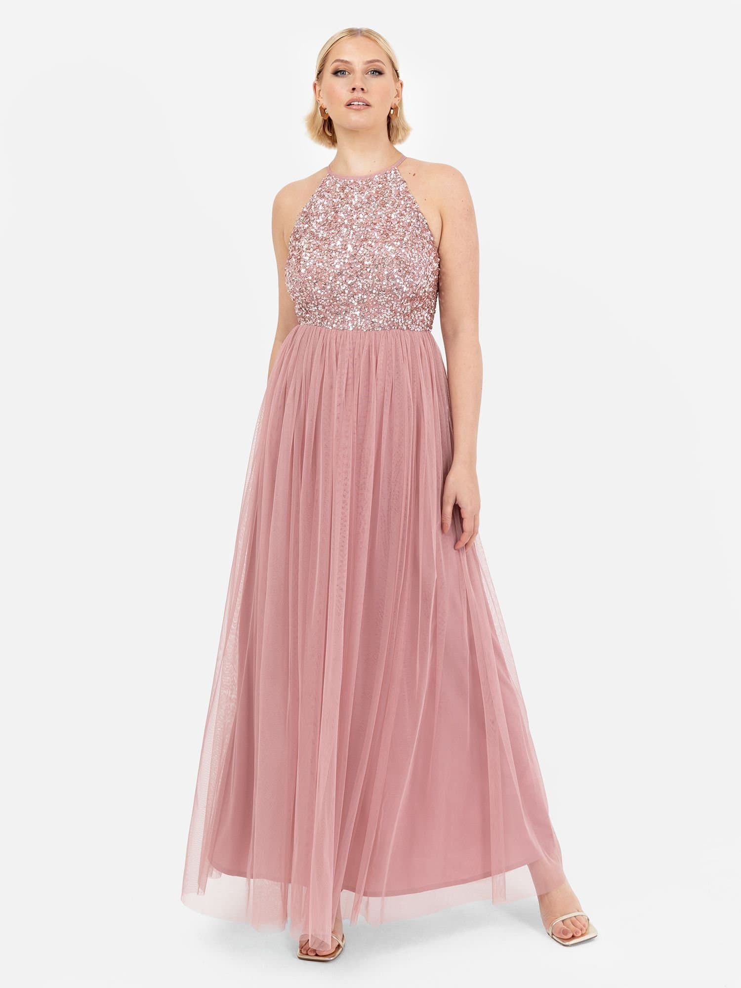 Maya Deluxe Maya Deluxe Women's Embellished Halter Neck Maxi Dress in Dusty Pink