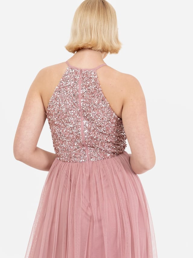 Maya Deluxe Maya Deluxe Women's Embellished Halter Neck Maxi Dress in Dusty Pink - 2
