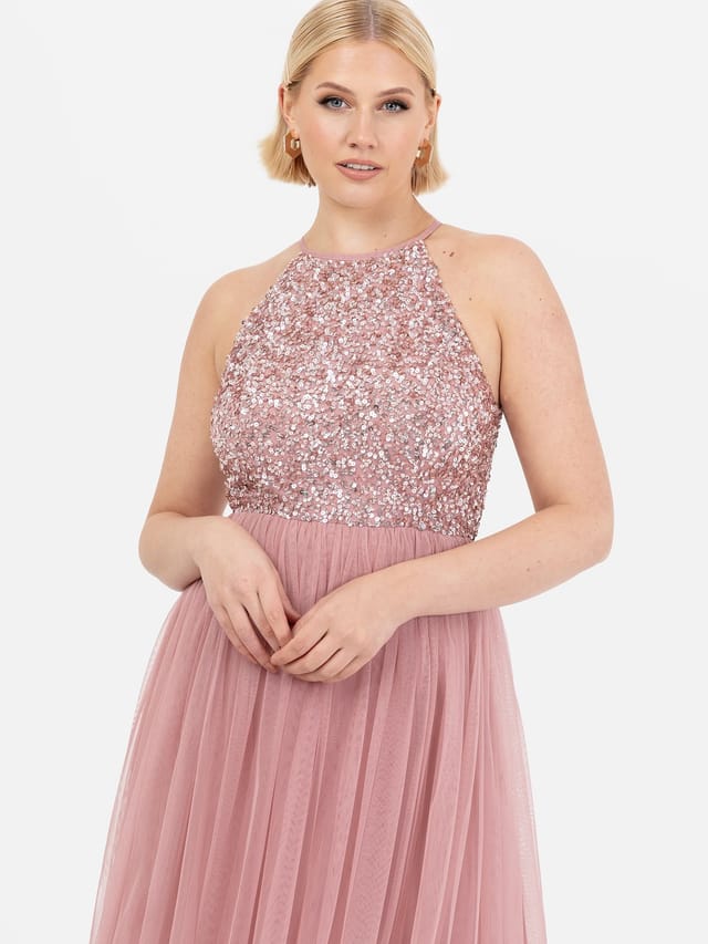 Maya Deluxe Maya Deluxe Women's Embellished Halter Neck Maxi Dress in Dusty Pink - 3