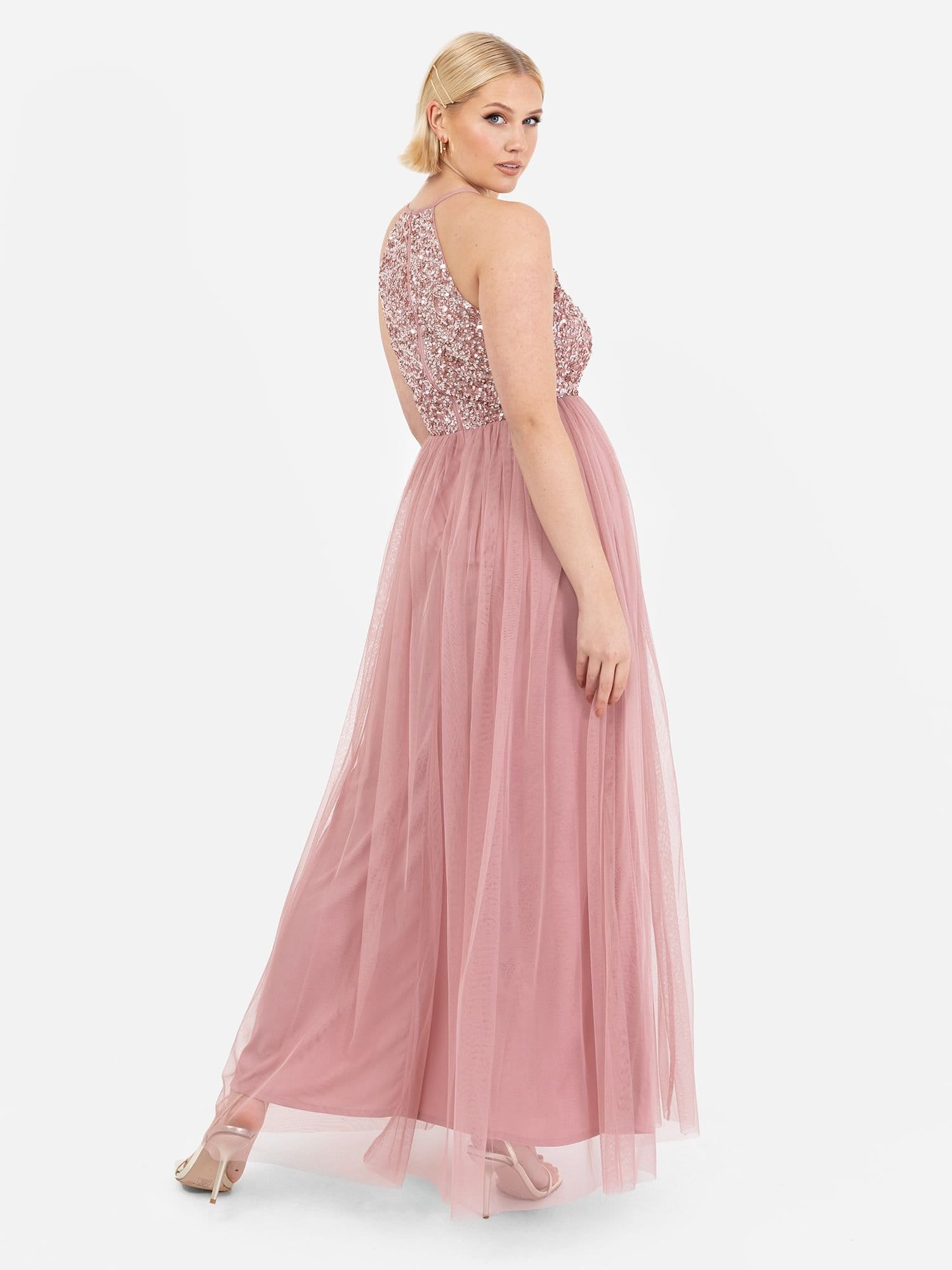 Maya Deluxe Maya Deluxe Women's Embellished Halter Neck Maxi Dress in Dusty Pink - 4