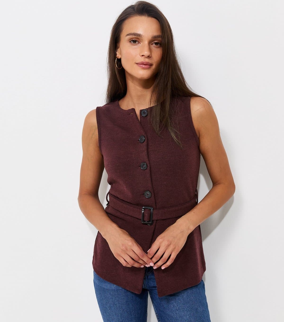 New Look Women's Dark Burgundy Soft Touch Belted Waistcoat New Look