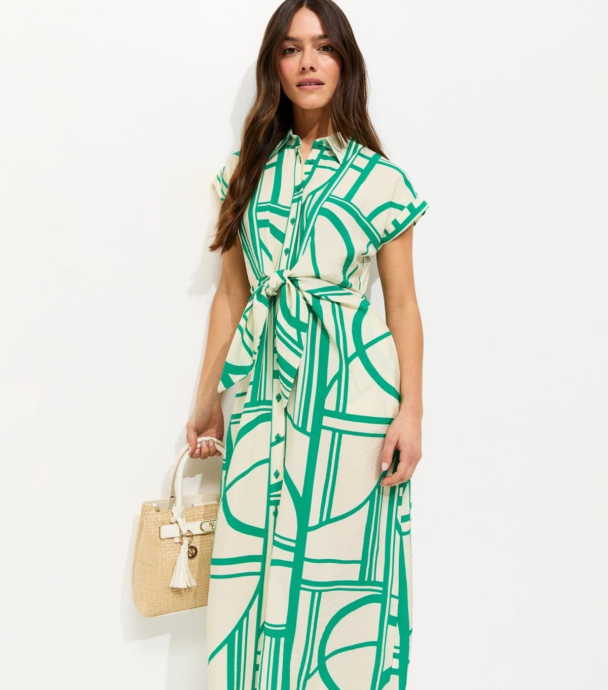 New Look Women's Petite Green Geometric Print Twist Front Midi Shirt Dress New Look