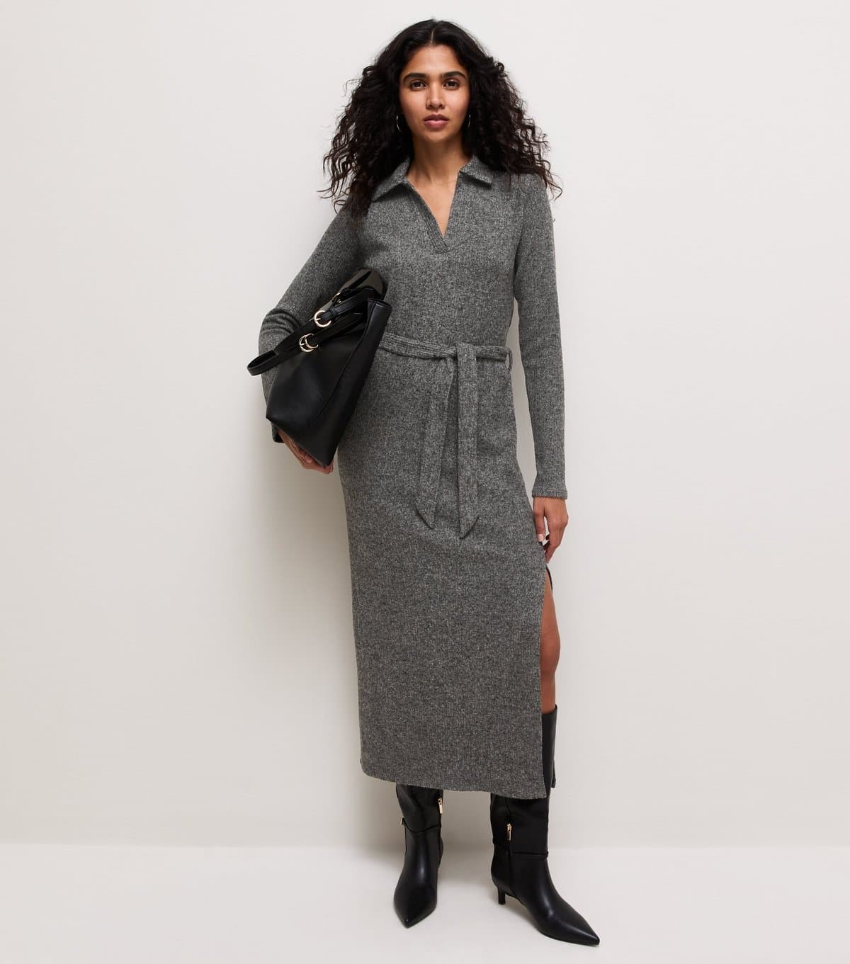 New Look Women's Dark Grey Knitted Long Sleeve Midi Dress New Look