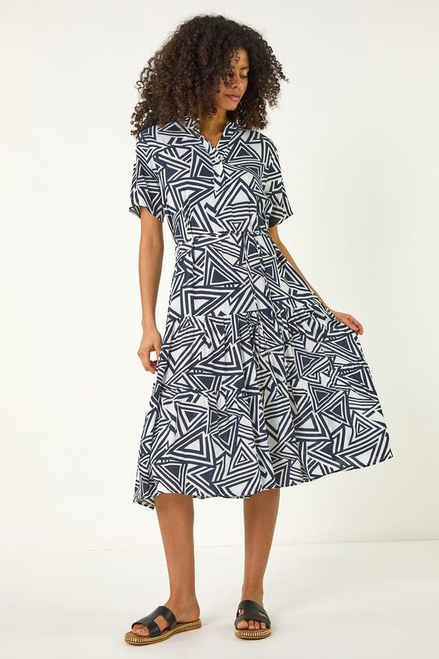 Dusk Dusk Women's Abstract Print Midi Shirt Dress in Navy - 2
