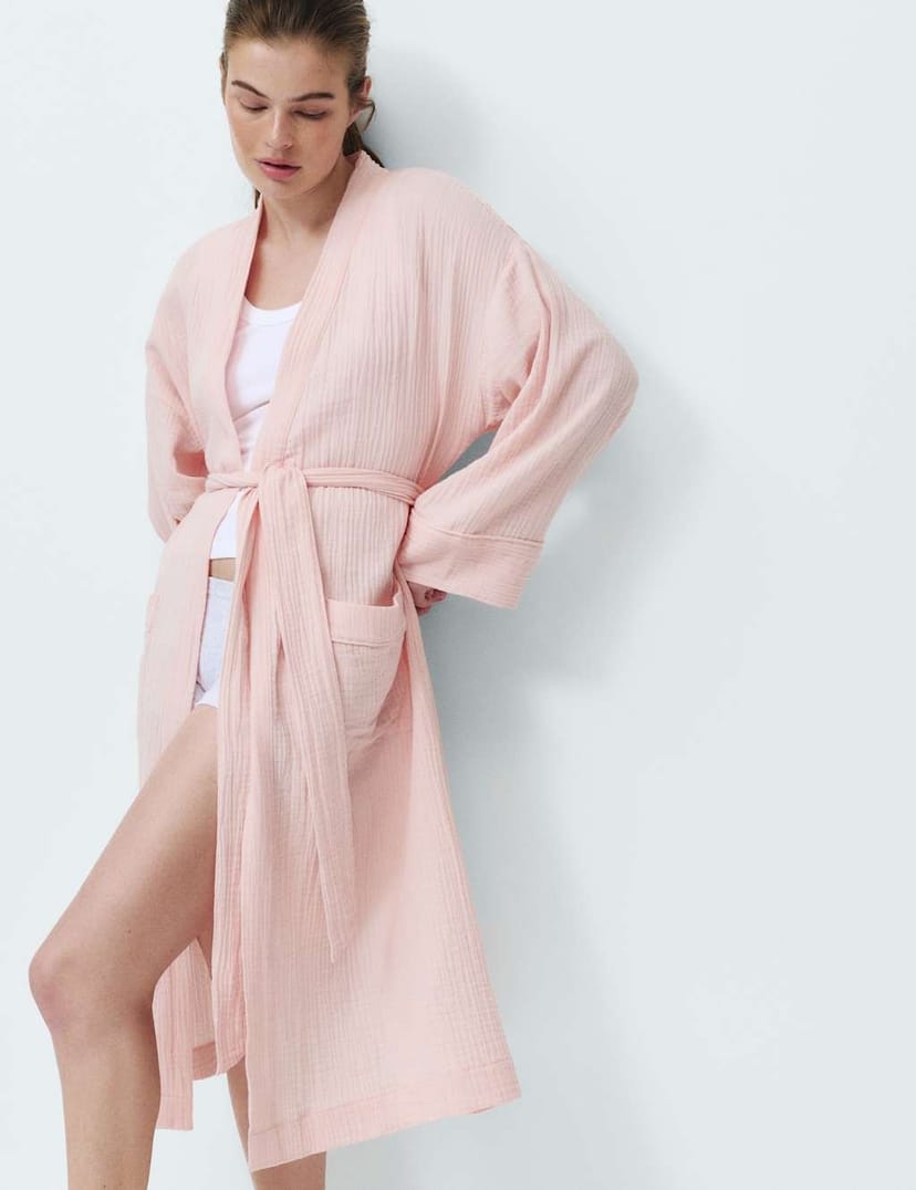Marks & Spencer M&S Pure Cotton Muslin Dressing Gown Pink - 1