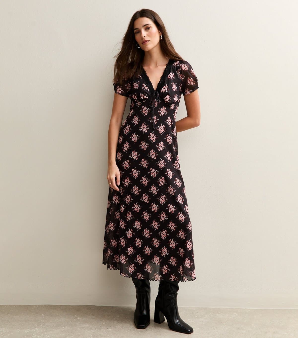 New Look Women's Black Floral Print Lace Trimmed Mesh Midi Dress New Look