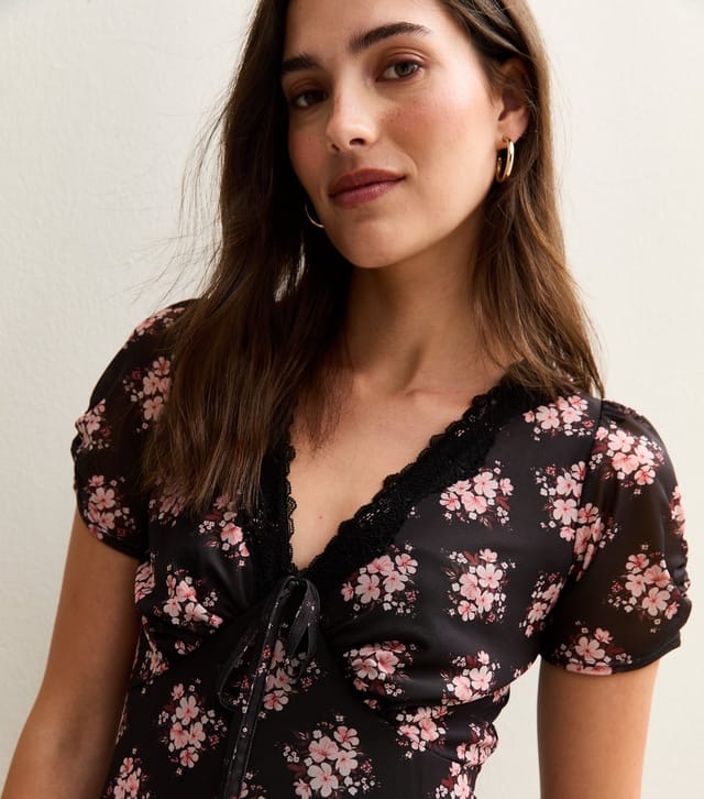 New Look Women's Black Floral Print Lace Trimmed Mesh Midi Dress New Look - 2