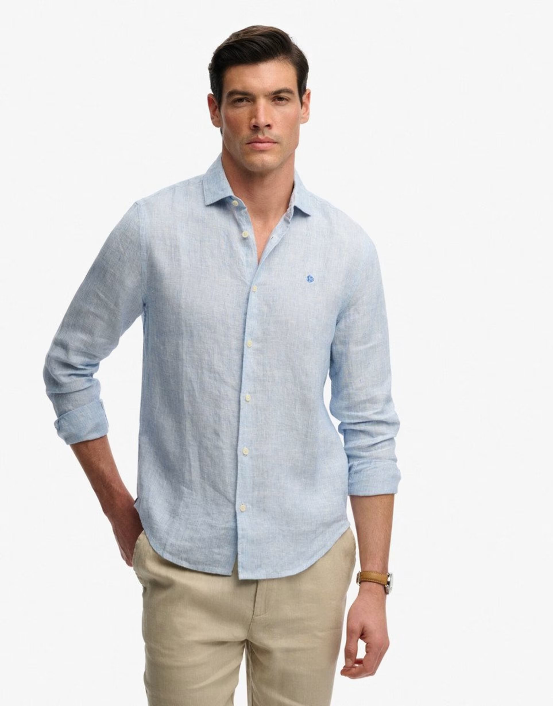 ASOS Superdry Riviera long sleeve linen shirt in blue pick - 1