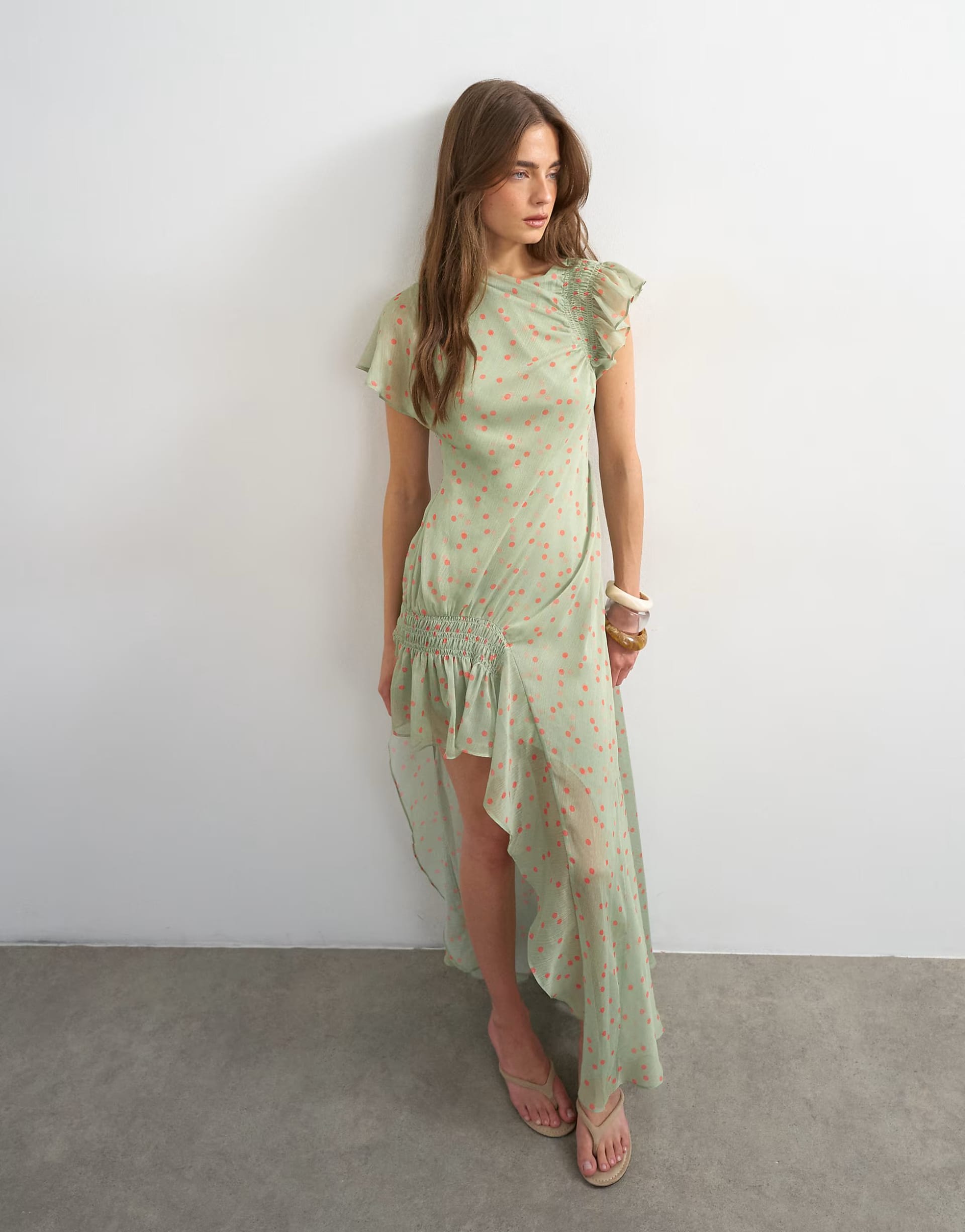 ASOS Green Polka Dot Chiffon High-Low Maxi Dress