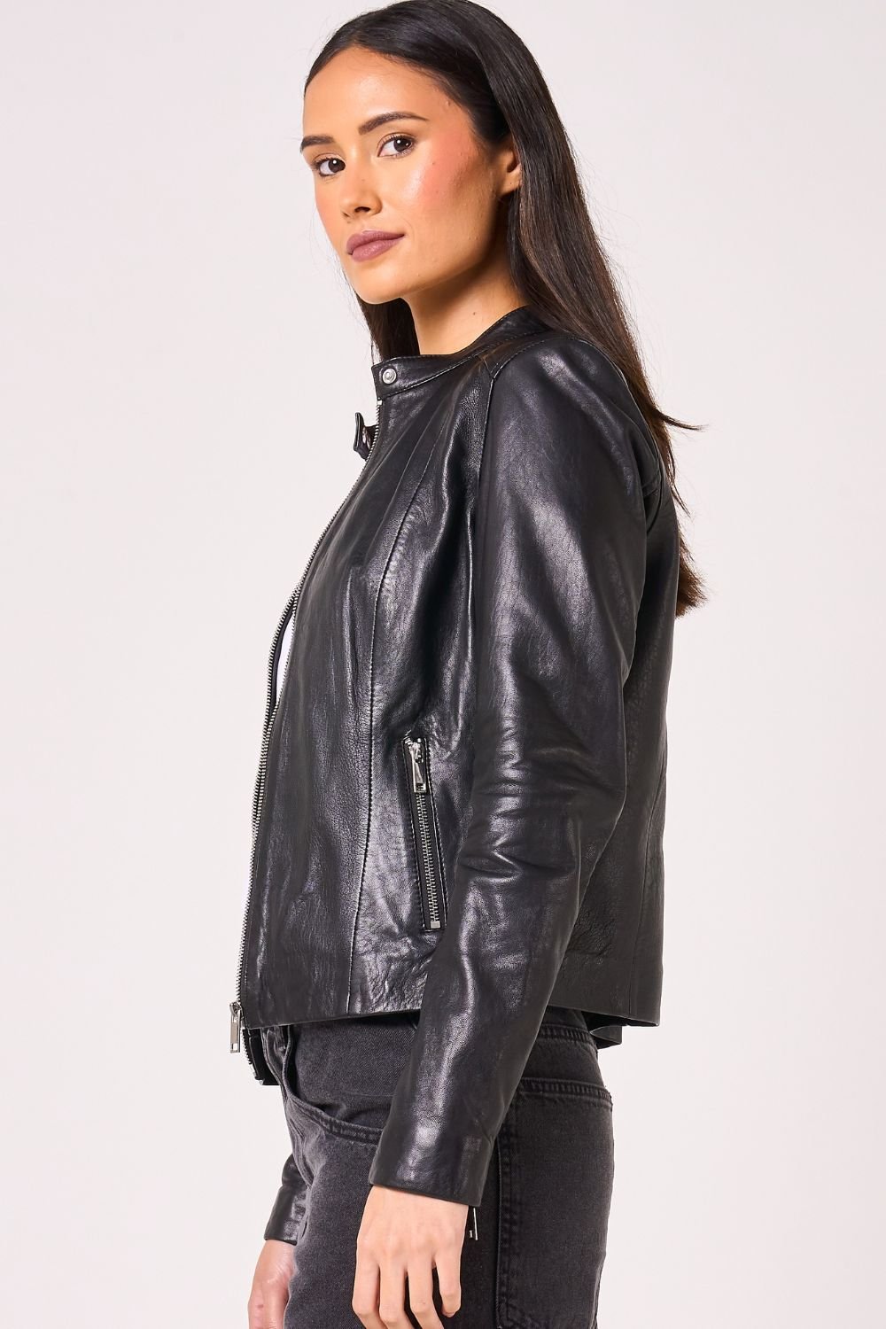 Barneys Originals Barneys Originals Women's Real Leather Racer Jacket in Black - 3