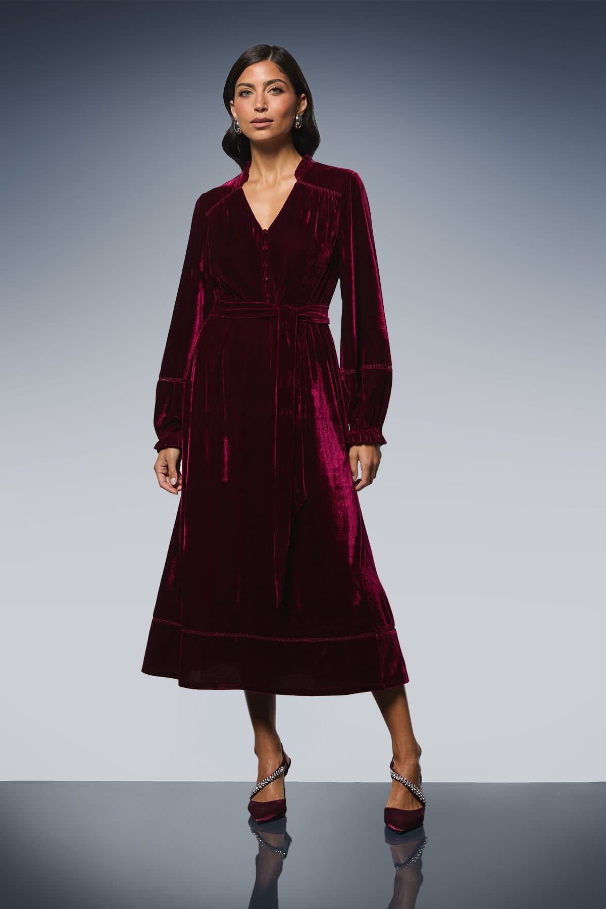 Wallis Wallis Women's Velvet Tie Belt Button Down Midi Dress in Berry