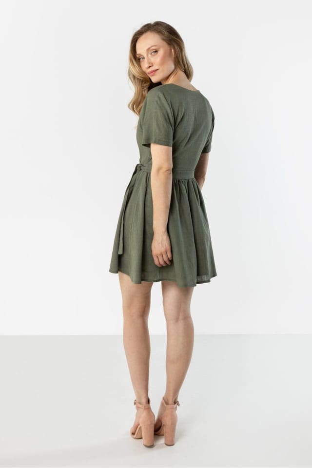 Love Lace Love Lace Women's Light Linen Wrap Mini Dress with Tie Waist in Green - 3