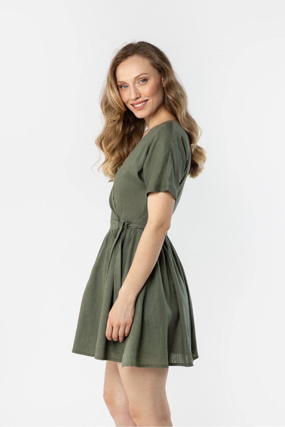Love Lace Love Lace Women's Light Linen Wrap Mini Dress with Tie Waist in Green - 4