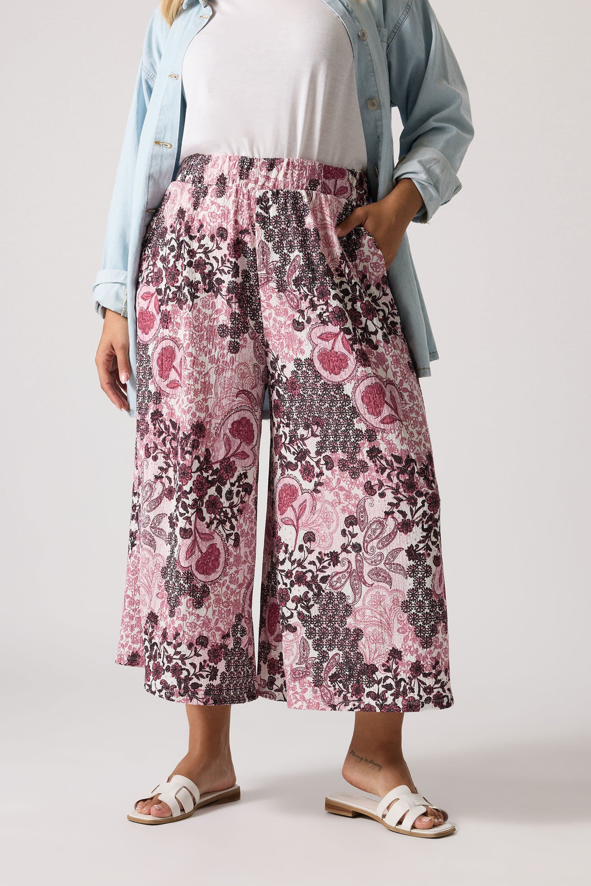 Yours Plus Size Pink Paisley Print Textured Cropped Trousers