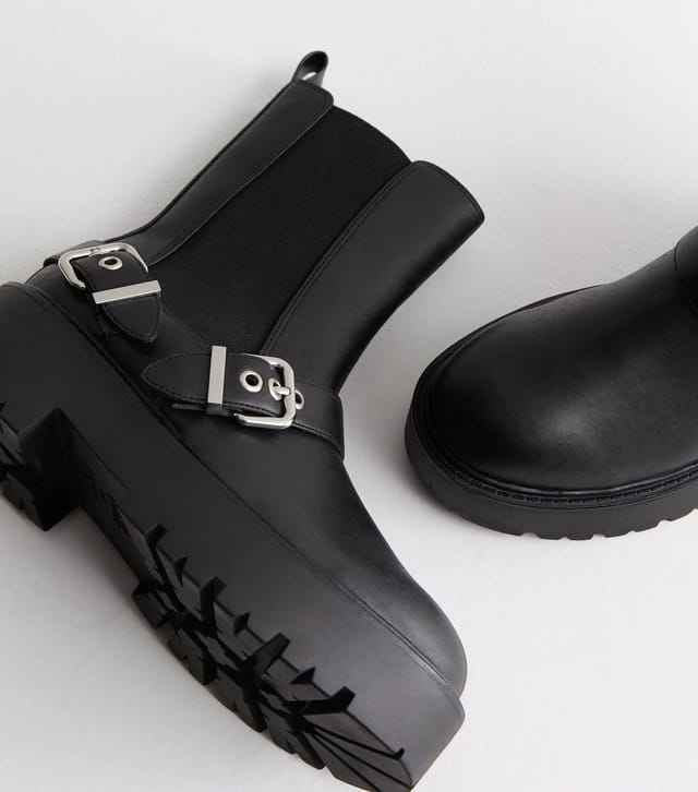 New Look Women's Black Leather Look Buckle Detail Chunky Boots Vegan New Look - 3