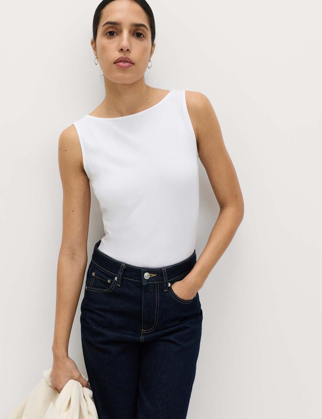 Marks & Spencer M&S Cotton Rich Slash Neck Slim Fit Vest Soft White - 4