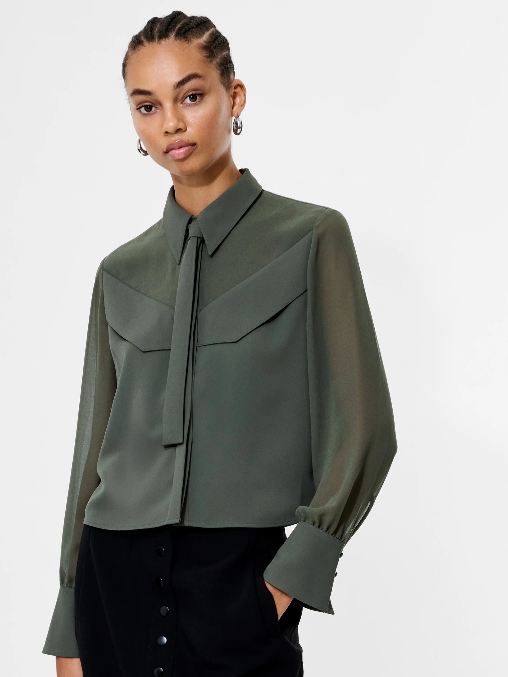 French Connection Arezzo Khaki Green Tie-Neck Shirt Khaki Green