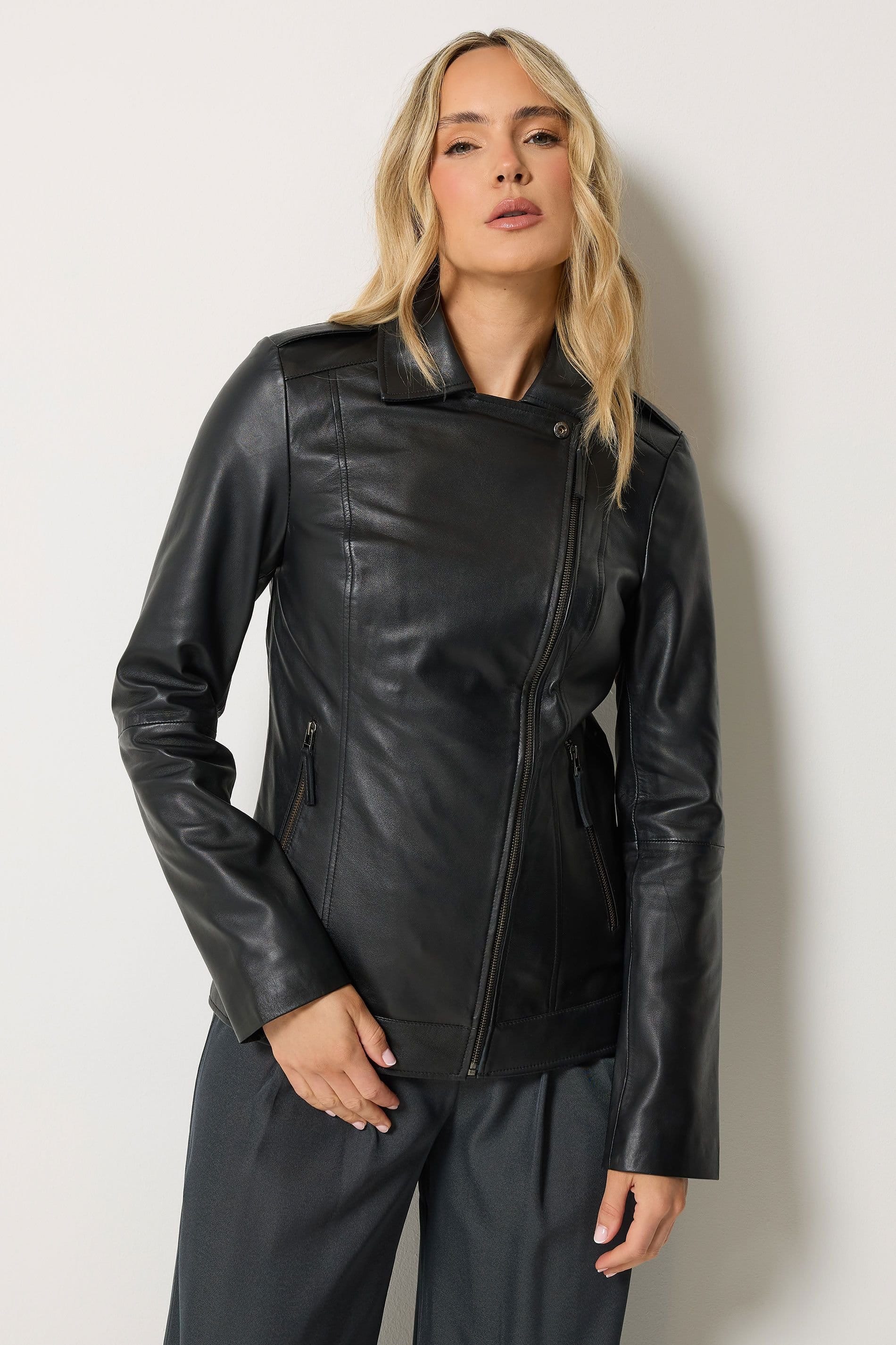 Long Tall Sally Long Tall Sally Women's Tall Premium Leather Biker Jacket in Black - 4