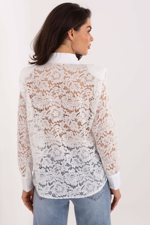 Love Lace Love Lace Women's Elegant Lace Long Sleeve Shirt with Brooch in White - 3